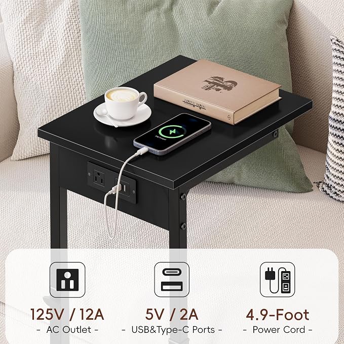 C Shaped End Table with Charging Station, 33"Tall C-Table End Table Adjustable Height Side Table for Couch, Couch Table That Slide Under Sofa Table TV Tray Table for Living Room,Bedroom,Black