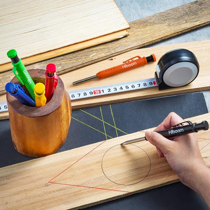 Hiboom 6 Pack Carpenter Pencil with Sharpener, Long Nosed Deep Hole Tip Mechanical Hole Marker with 36 Pcs 2.8 mm Refills for Woodworking Drafting Architect Construction, Design Patent