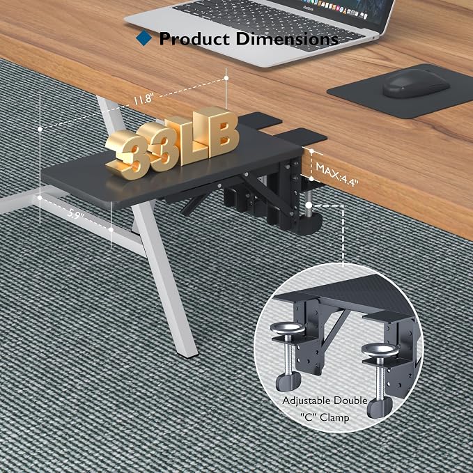 BONTEC Desk Extender Tray, 11.8 x 5.9 Inch, Black Carbon Fiber | 90° Foldable Elbow Support, Table Mount Arm Wrist Rest Shelf, Clamp on Computer Arm Rest, Easy to Install, Office & Home Use