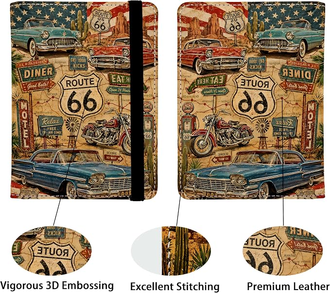 Passport Holder for Women and Men PU Leather Passport Cover for Travel (American Vintage Route 66)