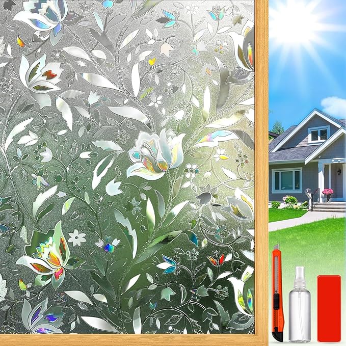 Rainbow Window Privacy Film Decorative, Stained Glass Window Tint for Home, 3D Decals Window Clings for Glass Windows, Static Cling Window Sticker, Suncatcher Window Cover,23.6" by 157.4"