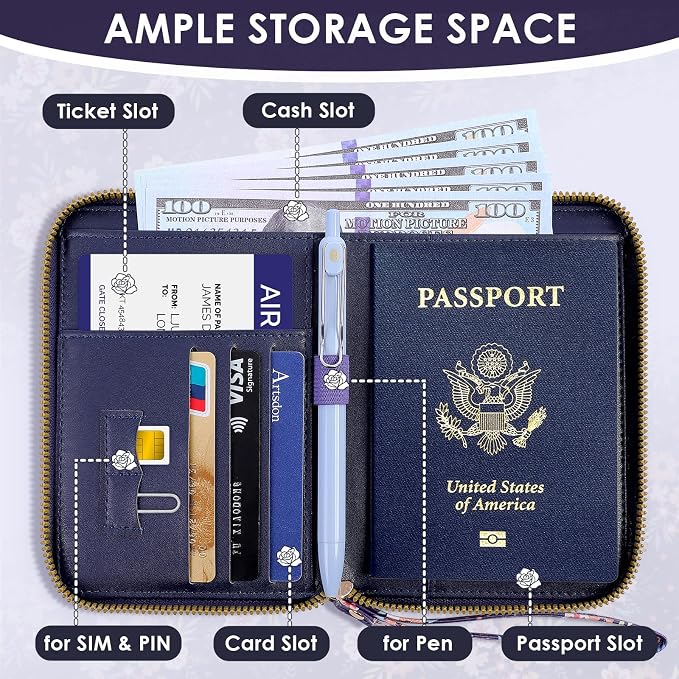 KONVINIT Passport Holder For Travel, RFID Blocking Leather Passport Cover For Travel Accessories, Passport Wallet with Zipper Closure, Cute Passport Book for Women and Men, Navy Blue Flowers