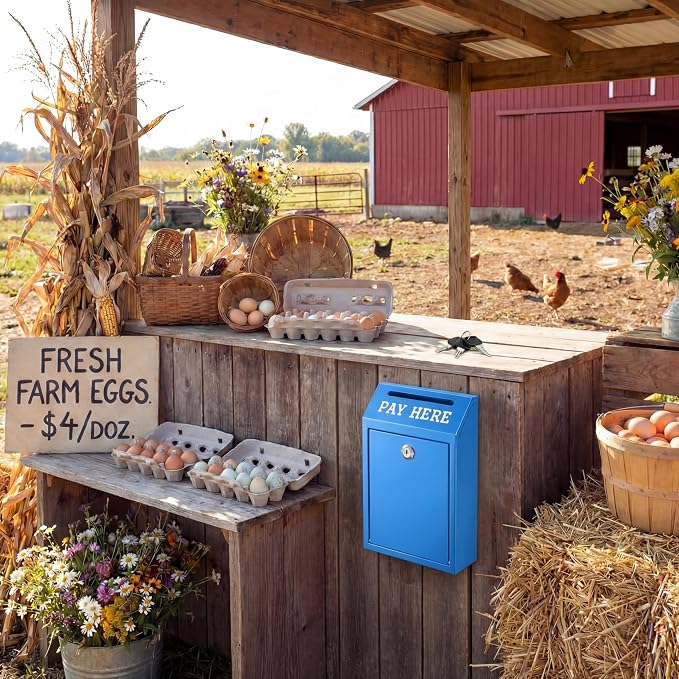 Yaocom Safe Metal Cash Box for Farm Stand – Money Drop and Secure Donation Collection, Wall Mount Lockable Unit with Pre Drilled Holes for Outdoor Self Serve(Blue,10.2 x 5.7 x 2.8 Inch)