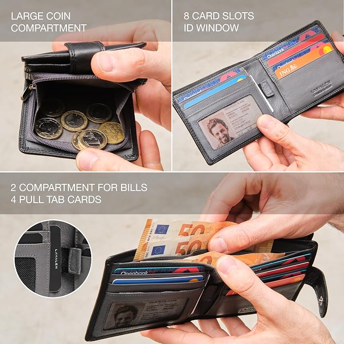 Soft Leather Wallet for Men, Genuine Bifold with Zipper Coin Pocket | Holds Bills, Credit Cards, Coins – RFID Blocking – Stylish, Durable & Practical Leather Wallet for Men