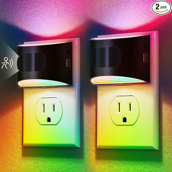 DORESshop LED Night Light[2 Pack], Night Lights Plug into Wall, 8-Color RGB LED Nightlight with Motion Sensor, Dusk to Dawn Sensor, Nightlights for Adults, Bedroom, Bathroom, Hallway