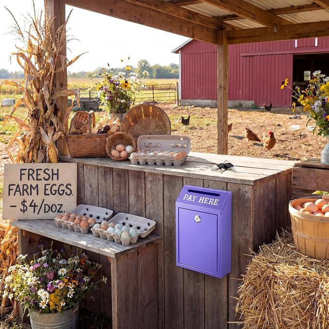 Yaocom Safe Metal Cash Box for Farm Stand – Money Drop and Secure Donation Collection, Wall Mount Lockable Unit with Pre Drilled Holes for Outdoor Self Serve(Purple,10.2 x 5.7 x 2.8 Inch)