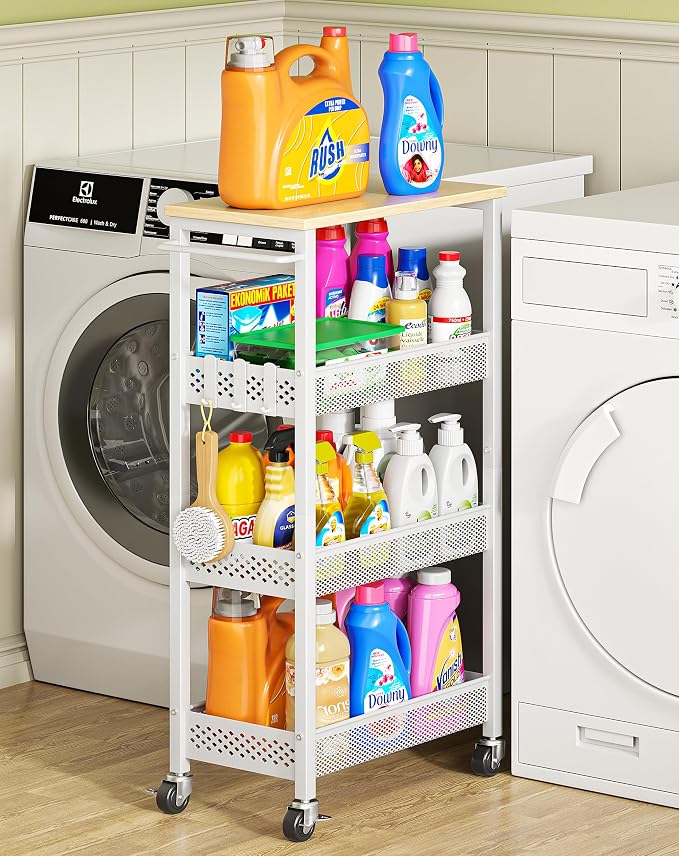 OKZEST 4-Tier Slim Rolling Storage Cart for Laundry Room, Bathroom, Kitchen | Upgraded metal hub casters, Narrow utility cart for small space/gaps, Premium wood top & metal mesh shelf, with handle & hook