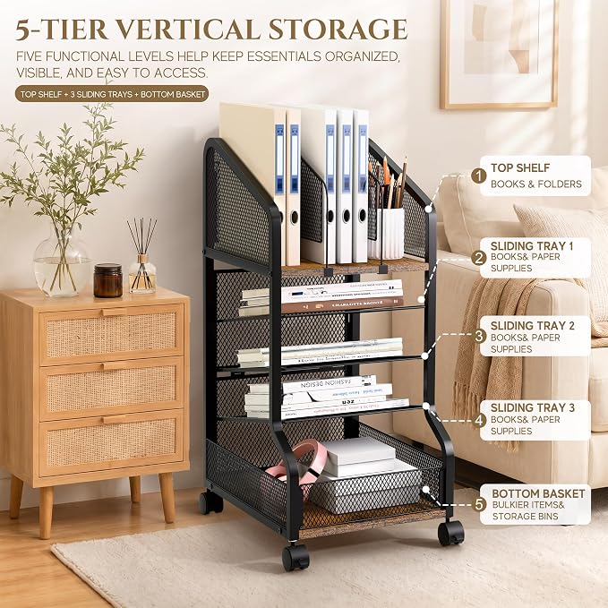 Rolling File Cart Under Desk Storage and Organizers 5-Tier Black | Small Filing Cabinet with Adjustable Dividers and Lockable Wheels, Under Desk File Organizer for Home, Office
