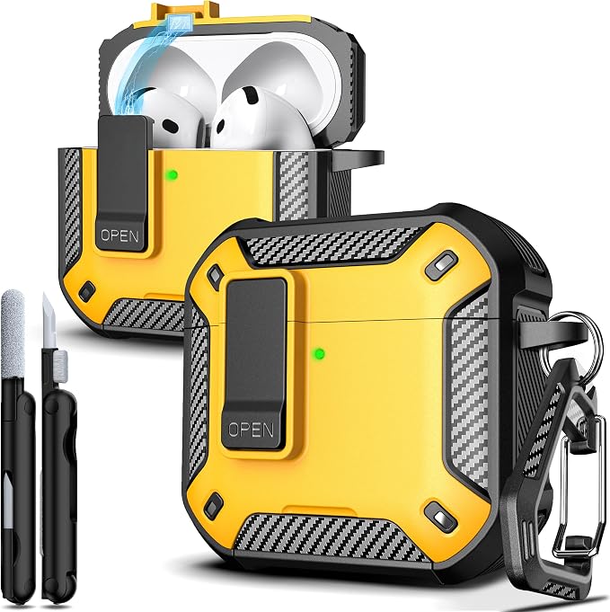 R-FUN for AirPods 4 Case with Lock Magnetic Lid MagSafe, Yellow | Compatible with Apple AirPods 4th Generation Protective Case with Cleaner Kit & Carabiner, Powerful Drop Protection