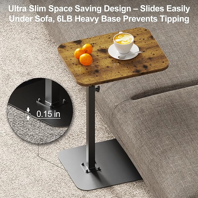 TV Tray Table Adjustable Height Swivel Couch Table with Heavy Metal Base | Slides Under Sofa, C-Shaped Side Table for Living Room, Bedroom, Bathroom, Study, and Small Spaces