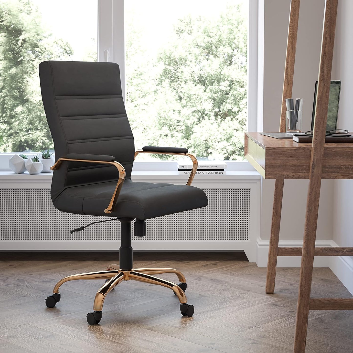 Flash Furniture Whitney High-Back Swivel LeatherSoft Desk Chair with Padded Seat and Armrests, Adjustable Height Padded Office Chair, Black/Gold