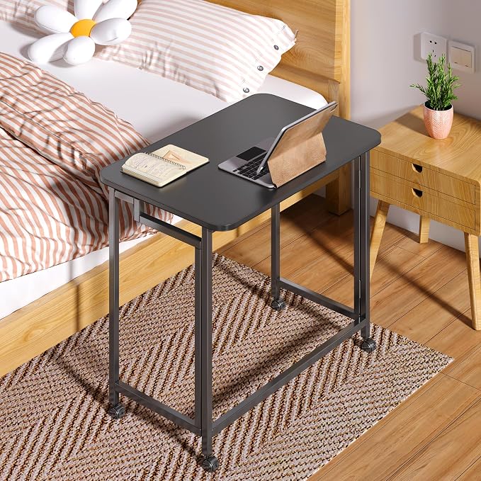 4NM 23.6" Mobile Small Rolling Computer Desk, Folding Laptop Cart Table with Wheels, Portable Office Desk for Small Space Couch Bed - All Black
