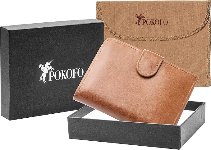 POKOFO Large RFID Genuine Leather Card Holder Trifold Wallet Snap Closure 3 ID Windows for men