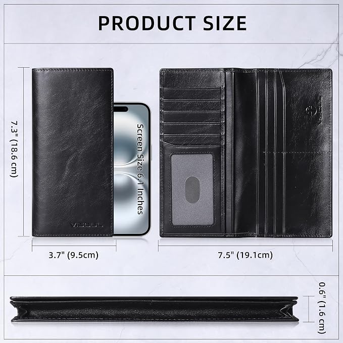 VISOUL Leather Checkbook Cover Wallet for Men with RFID Blocking, Mens Long Bifold Cash Tall Wallet with 11 Credit Card Slots 1 ID Window (Black)