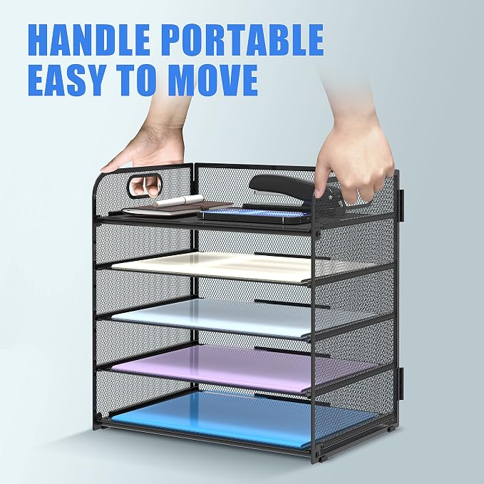 5 Trays Paper Organizer Letter Tray with Handle-Mesh Desk File Holders, Paper Sorter Desk Organizer for Office, Home, Classroom or School