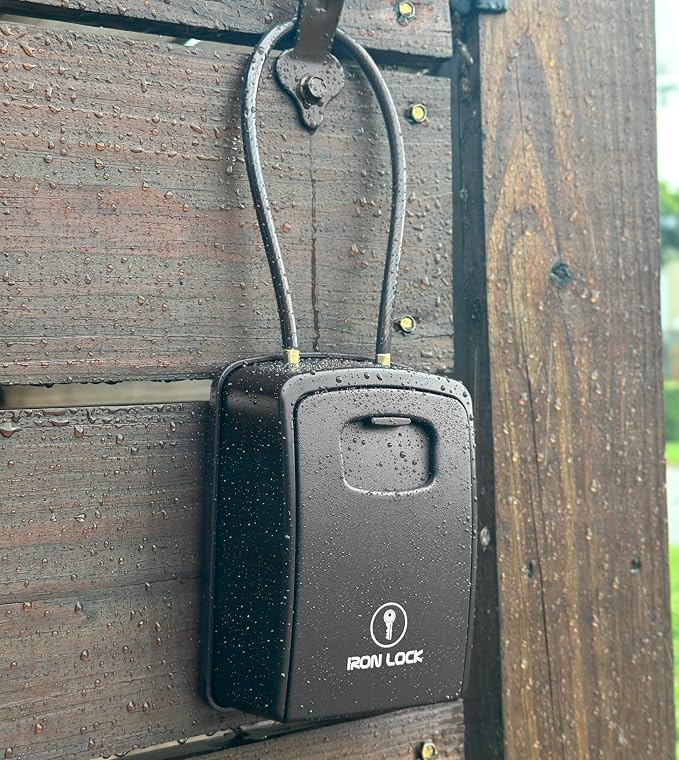 Iron Lock® XXL Portable Key Lock Box, 15in Steel Cable, Code (XXL, Black) | Holds 20-30 keys + car fobs; unique built-in tray; loops on gate or rail or wall-mounts; resettable code; dial cover
