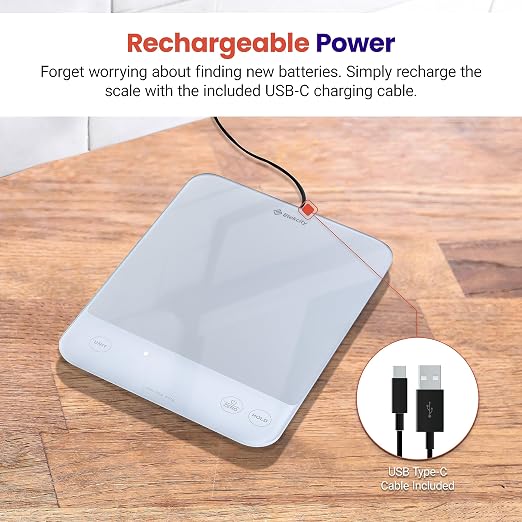 Etekcity 22lb Food Kitchen Scale, USB Rechargeable, IPX6 Waterproof | Digital scale with grams & ounces, 1g precision, 5 weight units, tare, ideal for baking and meal prep, White