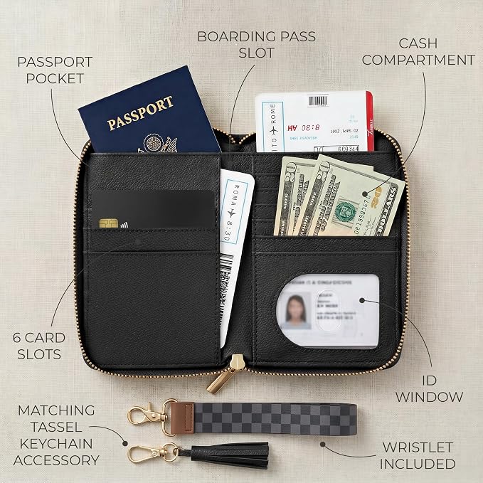 Beautiful Passport Holder And Travel Wallet with Wristlet Strap | All-in-One Organizer for Women Holds up to 4 Passports, w Card Slots and Keychain - RFID Blocking Keeps Documents Safe
