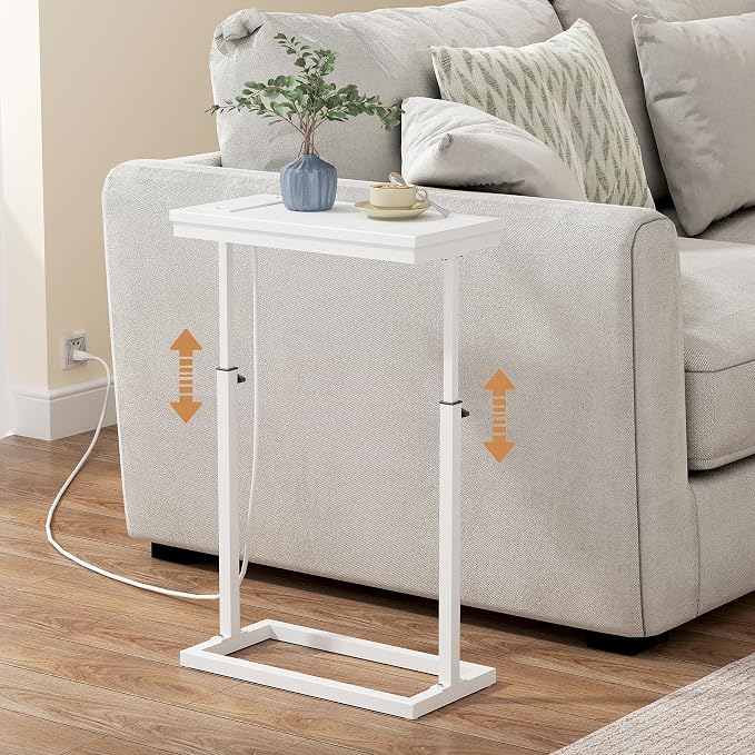 TUTOTAK End Table with Charging Station, Side Table, Tall Couch Table | Sofa Table, for living Room, Bedroom, White TB01BW084