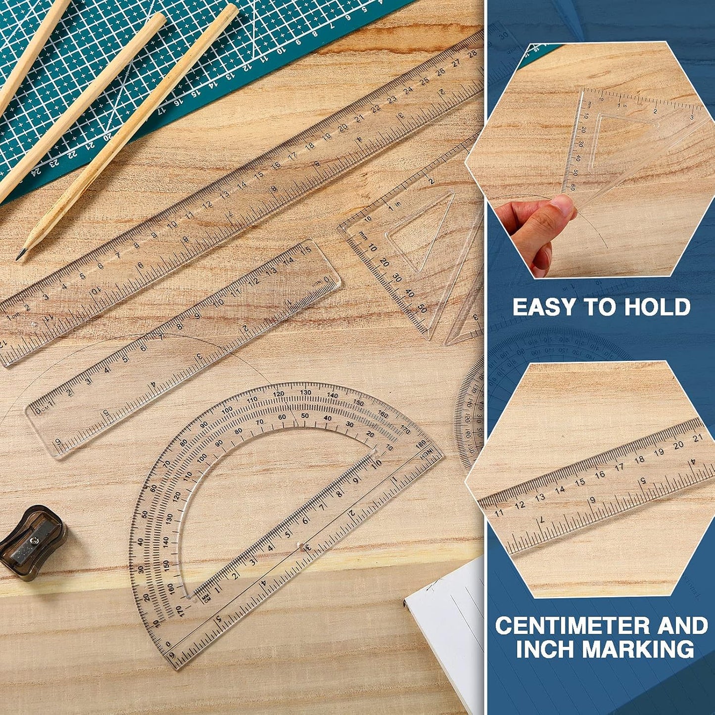 Tenare 72 Pcs Plastic Clear Math Set Includes Protractor Triangle Rulers 12 Inch 6 Inch Straight Geometry Math Transparent Ruler Measuring Tool for School Office Home Supplies
