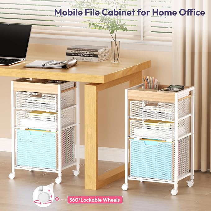 SWTYMIKI Rolling File Cart with Drawers - 4 Tier Under Desk Storage Craft Rolling Organizer Cart - Office Storage &Organization, Mobile Metal Filing Cabinet for Office and Home White