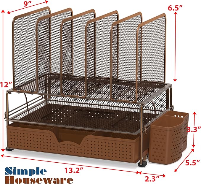 Simple Houseware Desk File Organizer for Office Supplies w/Drawer, Copper | Double Tray, Pencil Holder, and 5 Upright Sections with Sliding Drawer