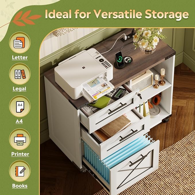 DEVAISE Wood File Cabinet with Charging Station,White | Mobile Lateral Filing Cabinet, Lock, Home Office, Printer Stand, Open Storage Shelves
