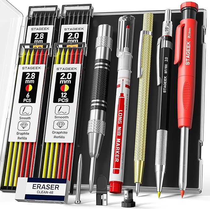 STAGEEK 14 Pack Carpenter Pencil Set with Sharpener | Construction Pencil Set with Deep Hole Long-Nib Markers , Woodworking Tool & Carpenter Pencils for Architect, DIY with Case