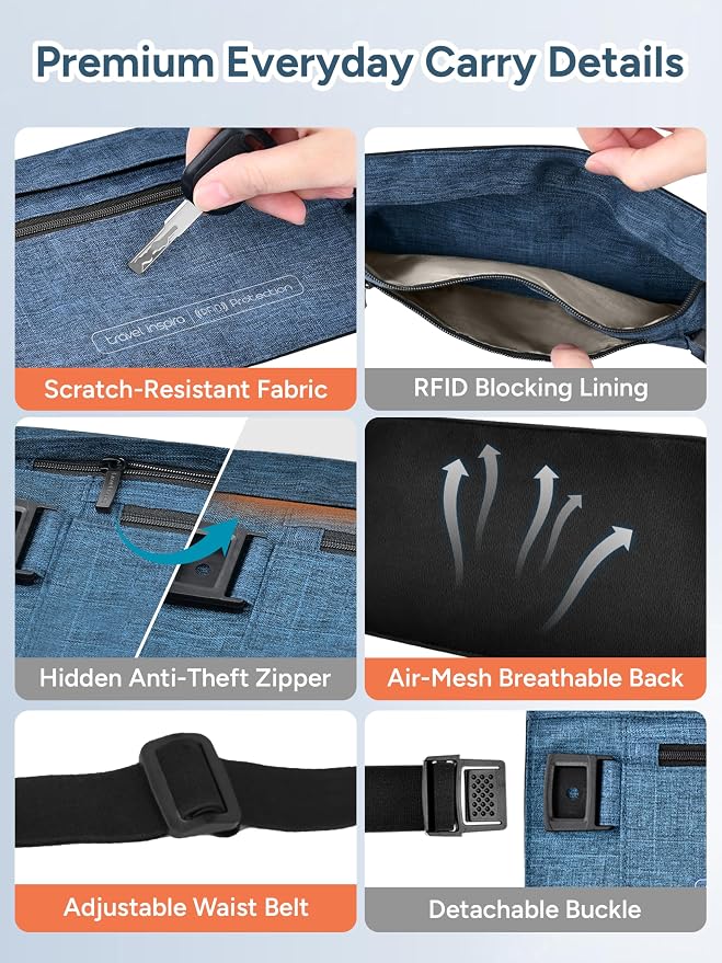 RFID Hidden Money Belt for Travel - Slim Anti Theft Pouch, Adjustable Strap | 2 RFID pockets for cash, ID, and passport, skin-friendly slim belt design moisture-wicking fit hidden under clothes