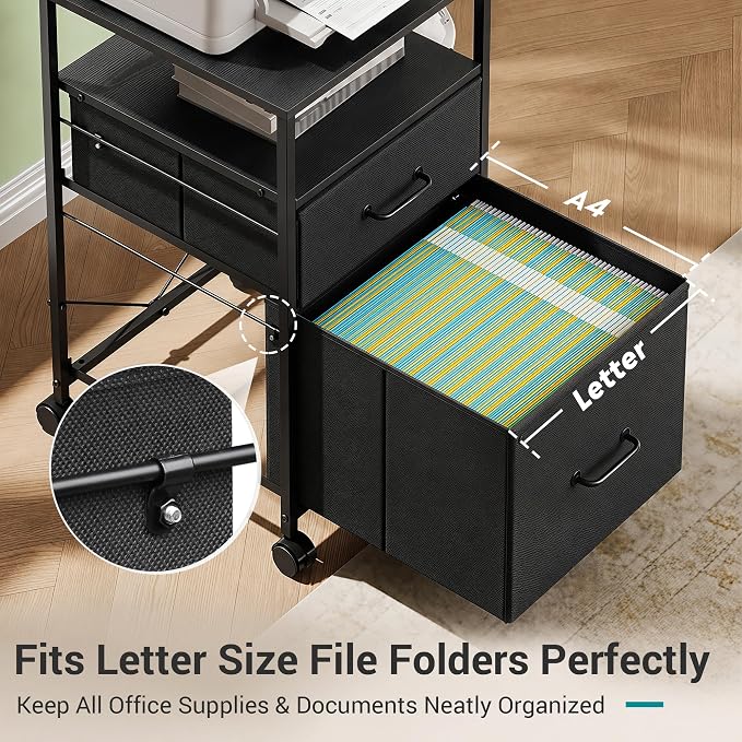 DEVAISE Mobile File Cabinet, Rolling Printer Stand with Open Storage Shelf, Fabric Vertical Filing Cabinet fits A4 or Letter Size for Home Office, Black | Rolling Printer Stand, Fabric Vertical Filing Cabinet fits A4 or Letter Size for Home Office, Black