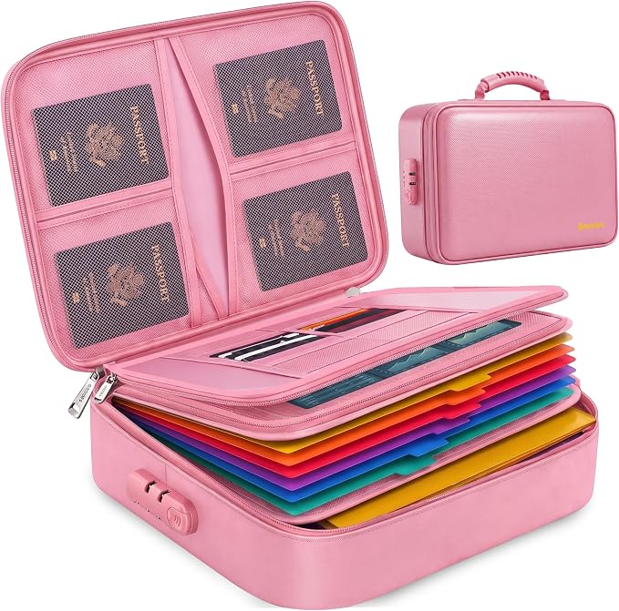 Fireproof Document Box with Lock, 13-Folder File Organizer Bag | 13 accordion folders for passports, certificates, cash & important documents, ideal for home office travel storage