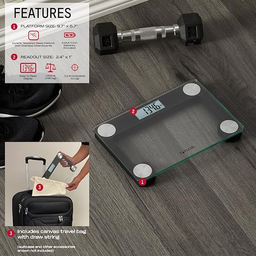 Taylor Digital Bathroom Scale for Body Weight, Large 9.7 x 6.7 Inch Clear Glass Platform, 400 lb Capacity, 2.4 Inch Display, Stainless Steel Accents, Includes Canvas Travel Bag