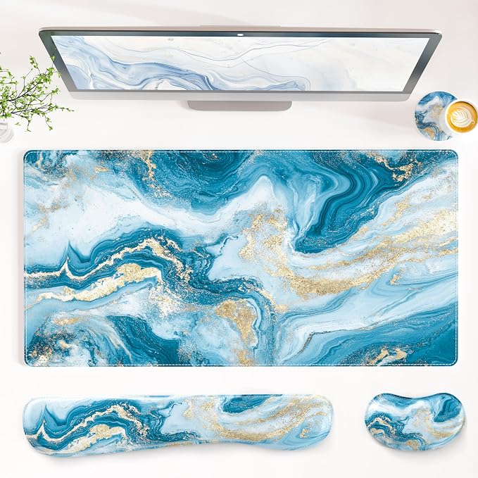 QIYI PU Leather Desk Mat Set, 4-in-1 Ergonomic Wrist Rest, Blue Fluid Art | Waterproof Large Mouse Pad 31.5×15.7 + Keyboard Wrist Rest + Mouse Wrist Support+Coaster, Non-Slip Office Gaming Accessories