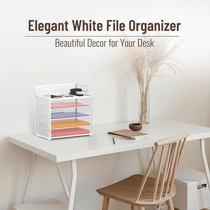 5 Trays Paper Organizer Letter Tray with Handle-Mesh Desk File Holders, Paper Sorter Desk Organizer for Office, Home, Classroom or School, White