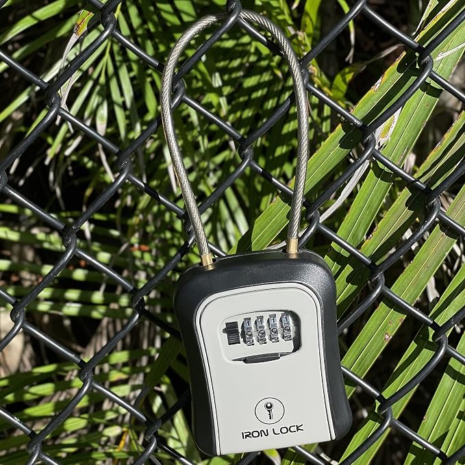 Iron Lock® Medium Key Lock Box with Code, 15-in Steel Cable Shackle (Grey) | Built-in key hooks + catch tray; hangs on handles, gates, fences or a hasp; wall-mountable; dial cover; no batteries