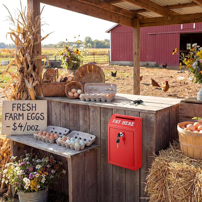 Yaocom Safe Metal Cash Box for Farm Stand – Money Drop and Secure Donation Collection, Wall Mount Lockable Unit with Pre Drilled Holes for Outdoor Self Serve(Red,10.2 x 5.7 x 2.8 Inch)
