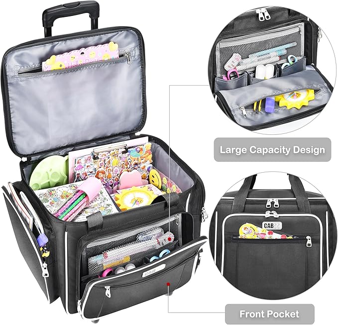 CAB55 Rolling Craft Bag, Tote Bag with Wheels for Women, Rolling Teacher Bag with Removable Folding Hand Truck (Black)