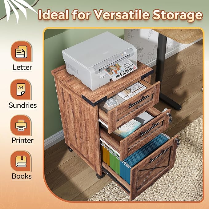 DEVAISE 3 Drawer Under Desk File Cabinet with Lock, Oak | Farmhouse Style, Mobile Drawer Storage Cabinet, Rolling Printer Stand, Fits A4 or Letter-Size, Home Office