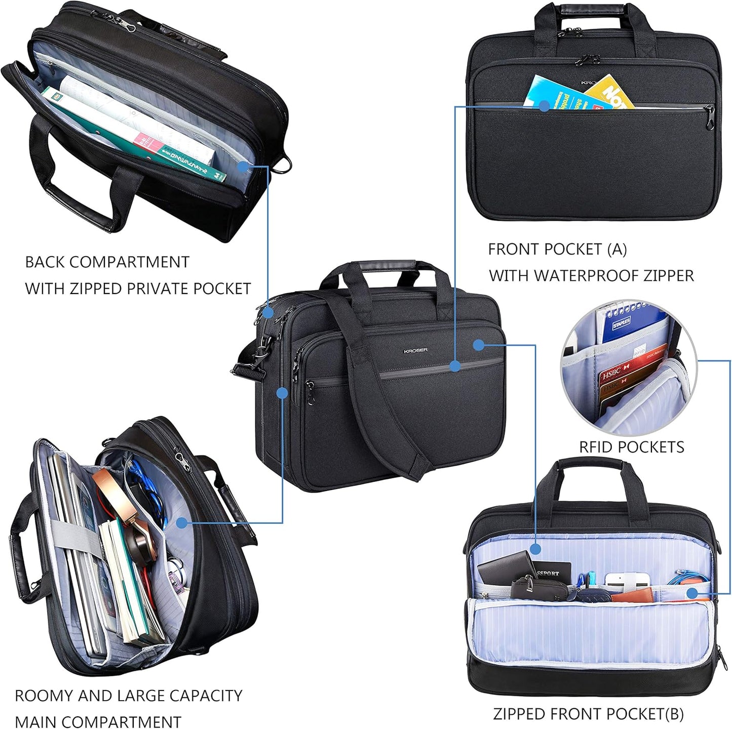 KROSER Laptop Bag Premium Laptop Briefcase Fits Up to 17.3 Inch Laptop Expandable Water-Repellent Shoulder Messenger Bag Computer Bag with RFID Pockets for Travel/Business/Men/Women-Black