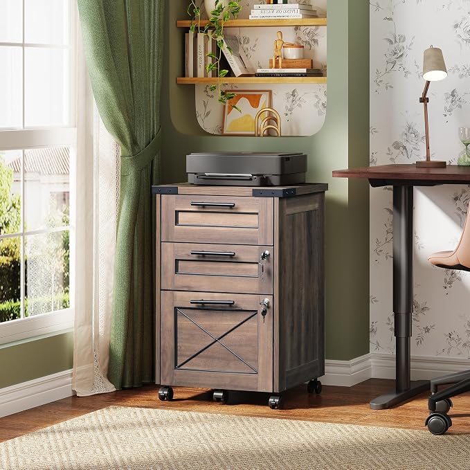 DEVAISE 3 Drawer Under Desk File Cabinet with Lock, Dark Brown | Farmhouse Style, Mobile Drawer Storage Cabinet, Rolling Printer Stand, Fits A4 or Letter-Size, Home Office