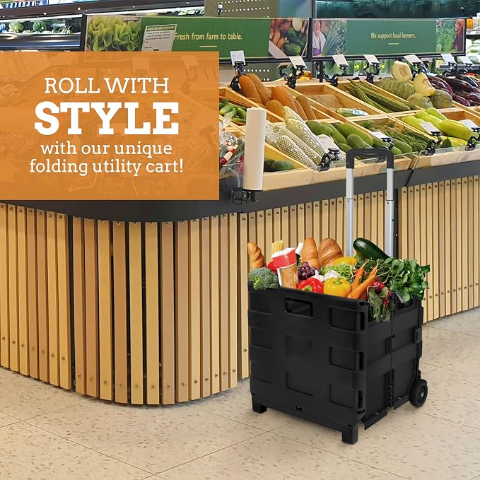 Collapsible Ultra-Slim Pack-N-Roll, 2 Wheel Utility Cart , With Telescopic Handle - Super Strong up to 80 Lbs Load Capacity, Black