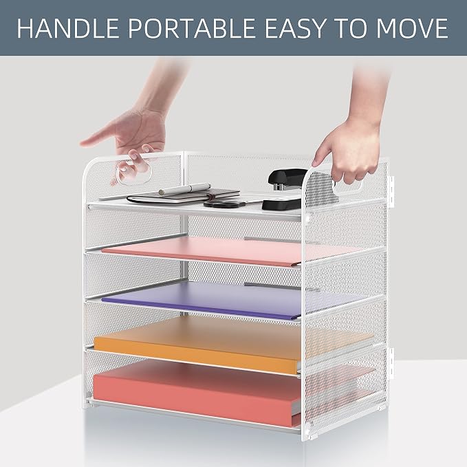5 Trays Paper Organizer Letter Tray with Handle-Mesh Desk File Holders, Paper Sorter Desk Organizer for Office, Home, Classroom or School, White