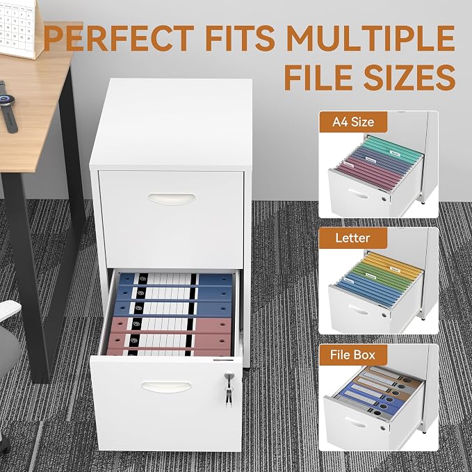 Polup 2 Drawer File Cabinet with Lock, Metal Filing Cabinet for Home Office | Small Locking Cabinet for Under Desk Storage, Printer Stand, Fits Letter Size, White, 26"H x 15"W x 18"D, Easy Assembly