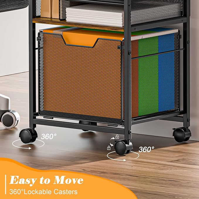 Feyejade 5-Tier Rolling File Cart Cabinet Under Desk Storage Organizer | Letter-Size Hanging File Folders, Under Desk Mobile Filing Storage, Multi-Layer Mesh Drawers, Office Efficiency Furniture