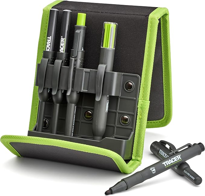 Tracer 5 Piece Construction Marker Kit - Deep Hole Carpenter Pencil Set with 2 Deep Hole Marking Pens, Heavy Duty Clog-Free Marker, 2.8mm Replacement Leads & Storage Case for Woodworking Tools | 5-piece carpenter pencil set with deep hole marking pens,...