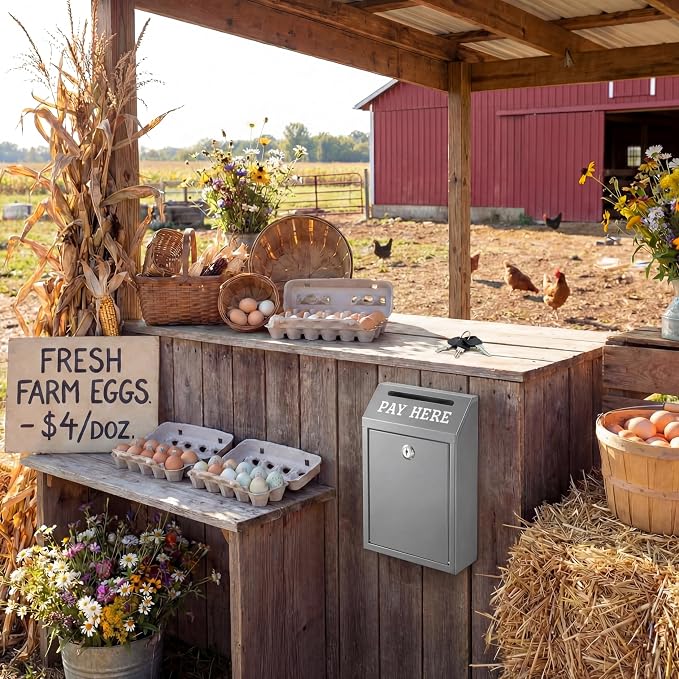 Yaocom Safe Metal Cash Box for Farm Stand – Money Drop and Secure Donation Collection, Wall Mount Lockable Unit with Pre Drilled Holes for Outdoor Self Serve(Grey,10.2 x 5.7 x 2.8 Inch)