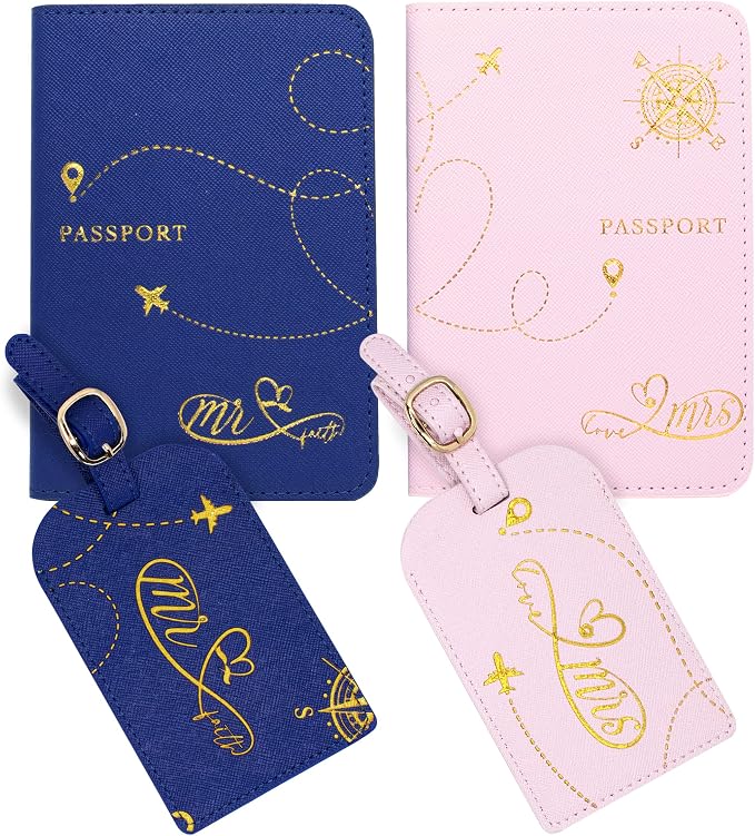 Decorably Matching Leather Mr and Mrs Passport Holder Set - Blue & Pink with Luggage Tags, for Wedding Gift, Bridal Shower, Engagement, Anniversary, Gift for Couples