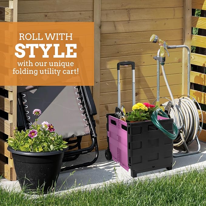 Ultra-Slim Rolling Collapsible Storage Pack-N-Roll Utility-carts, with Telescopic Handle, for Home, Garden, Shopping, Office, School use, Medium, Pink & Black
