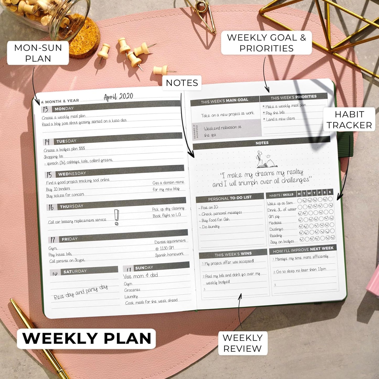 Clever Fox Planner – Undated Weekly & Monthly Planner for Productivity, Time Management & Goals – Organizer Journal – A5 (Dark Green)