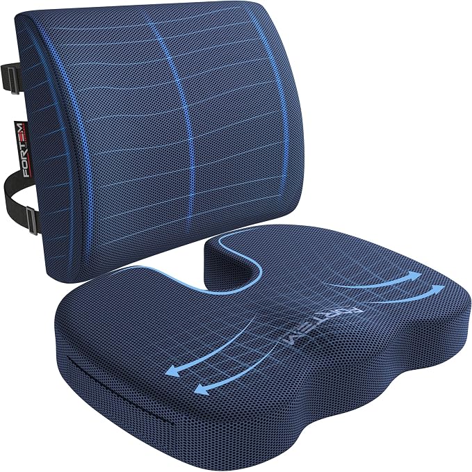 FORTEM Seat Cushion, Office Chair Cushion, Lumbar Support Pillow for Office Chair, Memory Foam Car Seat Cushions, Sciatica Coccyx Tailbone Pain Relief, Cushions for Back Support, Washable, Non Slip